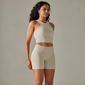 Oatmeal seamless knitted yoga set with high waist shorts and racerback crop top tank