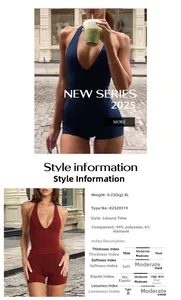 Detail of high-stretch sports set showing 94% polyester fabric and backless design