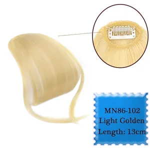 Detail view of light blonde clip-in fringe hairpiece showing clip and 13cm length