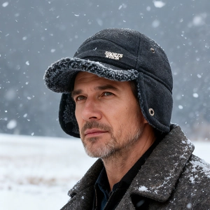Winter thermal trapper hat for men featuring earflaps and thick grey faux fur lining