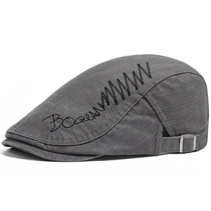 Grey vintage cotton beret hat for men with side embroidery and adjustable metal buckle
