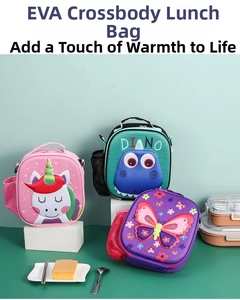 Detail of 3D cartoon EVA lunch bags with embossed unicorn, dinosaur and butterfly motifs