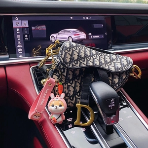Miniature Dior style saddle bag with Oblique print and pink Shiba Inu fortune keychain