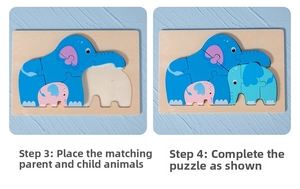 Detail of wooden elephant puzzle pieces showing the final assembly steps for toddlers