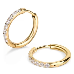 Minimalist gold titanium hoop earrings with sparkling cubic zirconia crystals for women