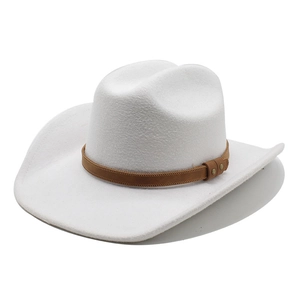 Detailed shot of white felt cowboy hat with brown leather band and metallic rivets