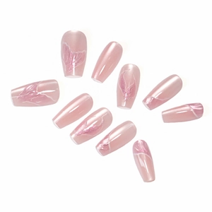 Pink mermaid tail press-on nails with white marble design and shimmering glitter accents