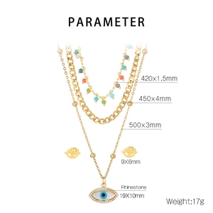 Detailed view of layered Bohemian Evil Eye necklaces with precise size measurements