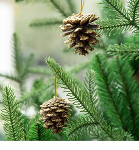 Detail of pine cone ornament with gold glitter and hanging string on Christmas tree