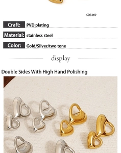 Macro shot of PVD plated stainless steel heart earrings in gold, silver and two-tone finishes