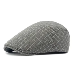 Classic grey plaid ivy cap for men and women, vintage cotton flat hat in side view profile