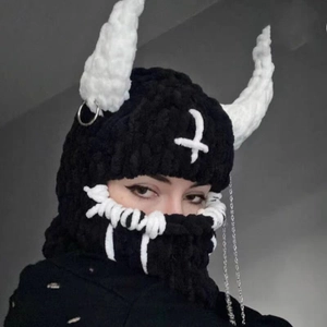 Halloween balaclava with white devil horns and metal chains for gothic costume parties