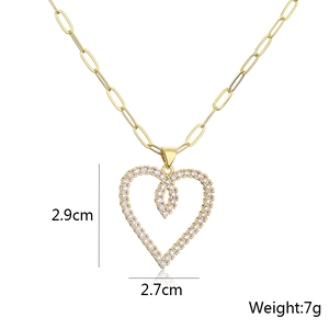 Detailed size view of gold hollow heart necklace with clear zircons and 7g weight info