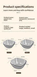Detailed size chart for square PET washbasins in small, medium, and large dimensions