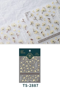 Detailed view of TS-2887 magnolia floral nail stickers with Chinese calligraphy elements