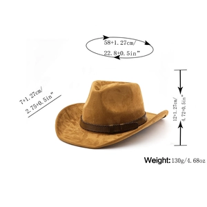 Brown faux suede cowboy hat showing dimensions for brim, height, and head circumference