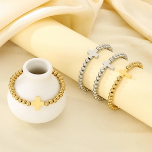 Minimalist 6mm beaded bracelets with cross charms in gold and silver stainless steel