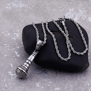 Silver vintage microphone pendant with steel twist chain for men's hip hop style