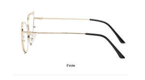 Side view of golden metal eyeglass frames with cat-eye cutouts and black temple tips