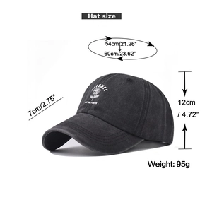 Detailed view of black washed cotton baseball cap with rose flower and forever embroidery