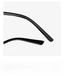 Close-up of black polished curved temple arms designed for comfortable no-ear-pinching wear