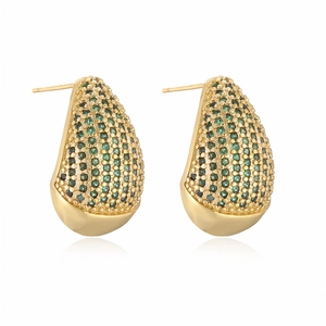 Minimalist gold teardrop earrings with pave-set green and black cubic zirconia stones