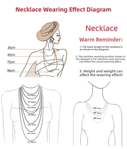 Size chart showing necklace lengths from 16 to 32 inches on a female model silhouette