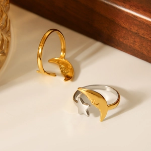Minimalist 18K gold plated stainless steel open ring with celestial star moon design