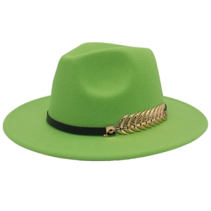 Detail of neon green wool fedora hat featuring black ribbon and gold leaf metal buckle