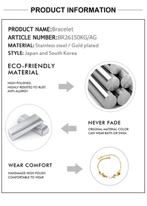 Detail showing eco-friendly, anti-allergy features of this gold-plated steel bead bracelet