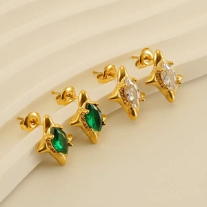 Starburst Stud Earrings 18K Gold Plated Stainless Steel Marquise Zircon Elegant Vintage Fashion Jewelry For Women