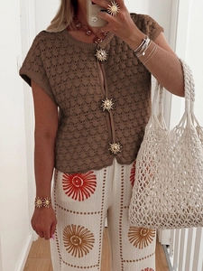 Chic brown hollow-out knit short sleeve cardigan with golden sun-shaped buttons