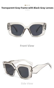 Detailed views of grey geometric oversized sunglasses with wide temples and dark lenses