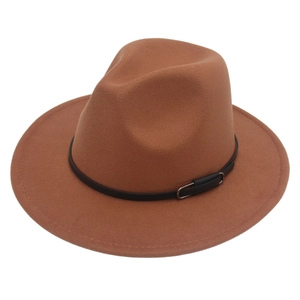 Classic camel wool fedora hat with black leather belt and silver buckle for women