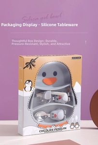Baby penguin silicone feeding set with partitioned plate and stainless steel utensils
