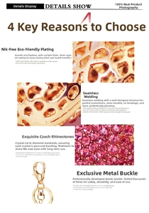Detail of pink crystal studded hollow heart keychain with gold plating and lobster clasp