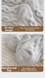 Detail view of reinforced heel and toe of grey fuzzy knitted socks in plush material