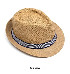 Top view of a breathable straw jazz hat with blue white striped ribbon decoration
