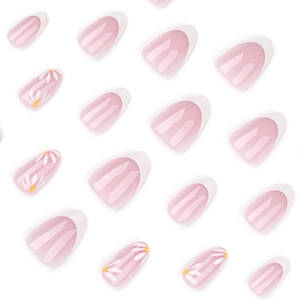 Short almond press-on nails with white French tips and delicate daisy flower patterns