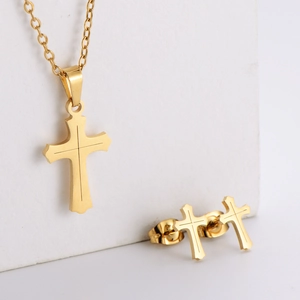 Minimalist golden titanium steel cross jewelry set including necklace and stud earrings
