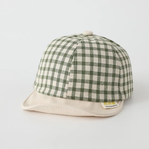 Green and white gingham baby sun hat with beige brim for infants aged 1-3 years