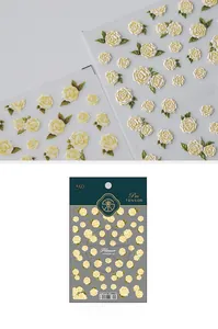Macro view of 3D embossed cream rose nail stickers TS-2241 with green leaves detail