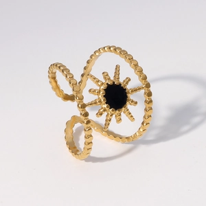 Adjustable gold plated stainless steel sunburst ring with black enamel center for women