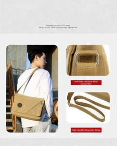 Close-up of metal buckle connection and adjustable strap on khaki canvas messenger bag