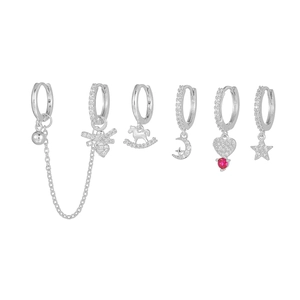 Silbernes Ohrring-Set mit Biene und Stern Anhängern, Ketten und rotem Herz-Edelstein