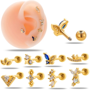 Butterfly Star Moon Cartilage Stud Earrings Titanium Stainless Steel Zirconia Screw Ball Back Piercing Jewelry For Women