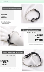 Macro shot of stainless steel knot bracelet with black PU leather strap and lobster clasp