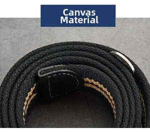 Close-up of black canvas web belt with brown stripes and durable leather wrapped tip