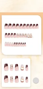 Detail of French red press-on nails with champagne rhinestones and silver glitter lines