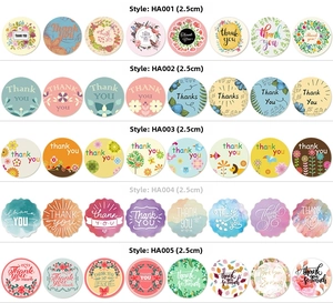 Detail view of 2.5cm floral Thank You stickers with various artistic patterns